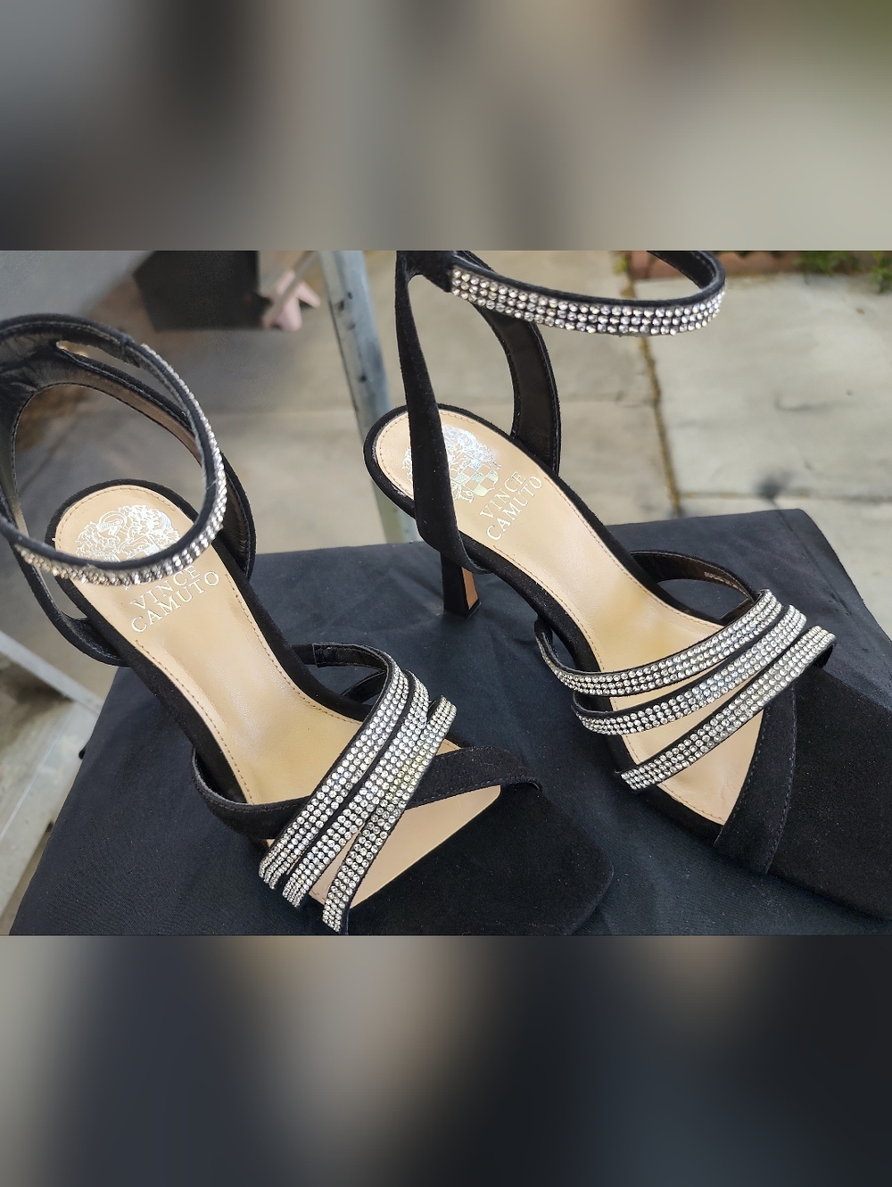 Vince Camuto Black Crystal-Strap Stiletto Sandals with Ankle Cuff